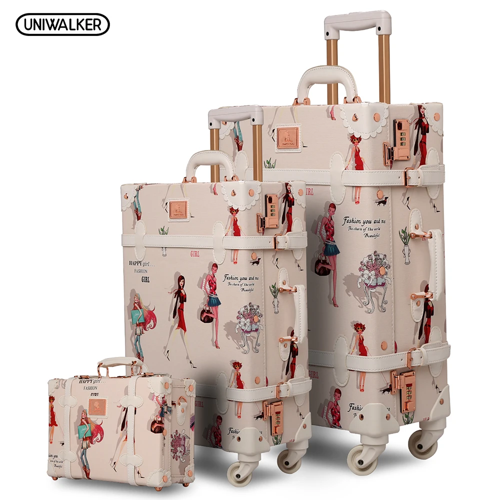 12 20 26 3PCS set Fashion Girl Retro Rolling Luggage Bagages Pu Suitcase Trunk Vintage Luggages With Spinner Wheels for Women
