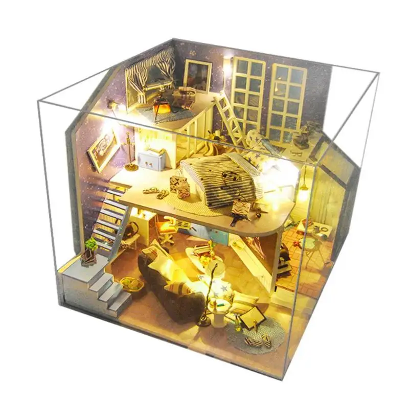 

DIY Wooden Pink Doll House Miniature Dollhouse Model Toy with Furnitures with Dust Cover Decorations Model Educational Toy