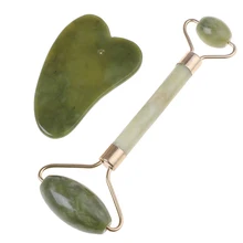 Rouleau de Massage + planche de Guasha pour Massage facial en Jade naturel, ensemble de rouleaux de Massage du visage