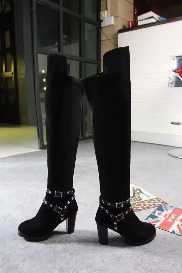 

Women Stretch Genuine Leather Buckle Embellished Slim Sexy Fashion Over The Knee Boots Square Heels Women Shoes Black