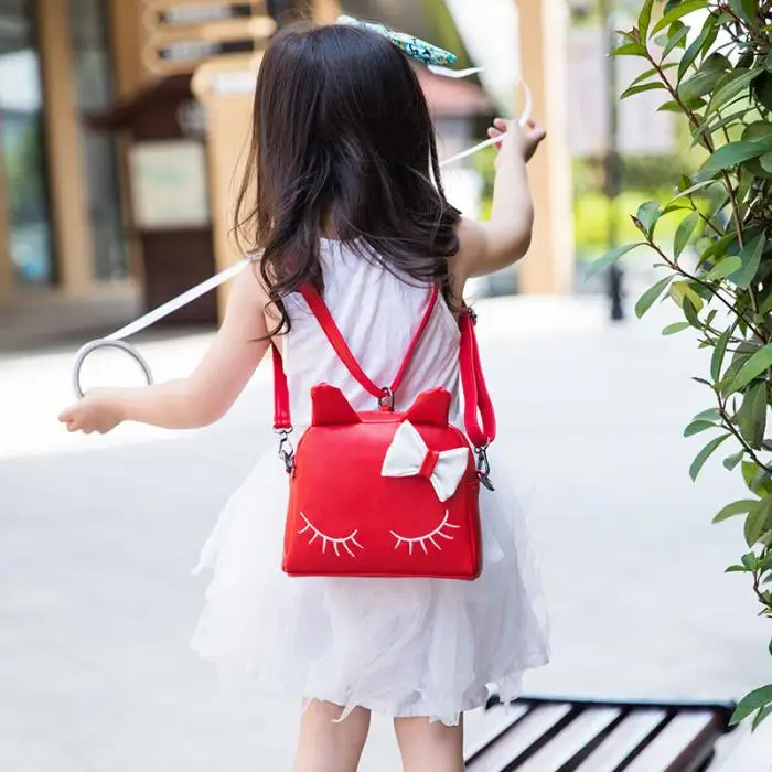 New Sweet Girl Shoulder Bag PU Leather Zipper Cute Cat Bow Handbag Kids Casual Bags WML99