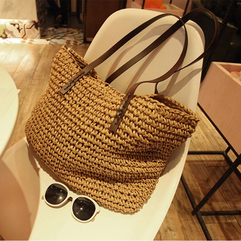 

Women Handbag Summer Beach Bag Rattan Woven Handmade Knitted Straw Large Capacity Totes Leather Women Shoulder Bag Bohemia New