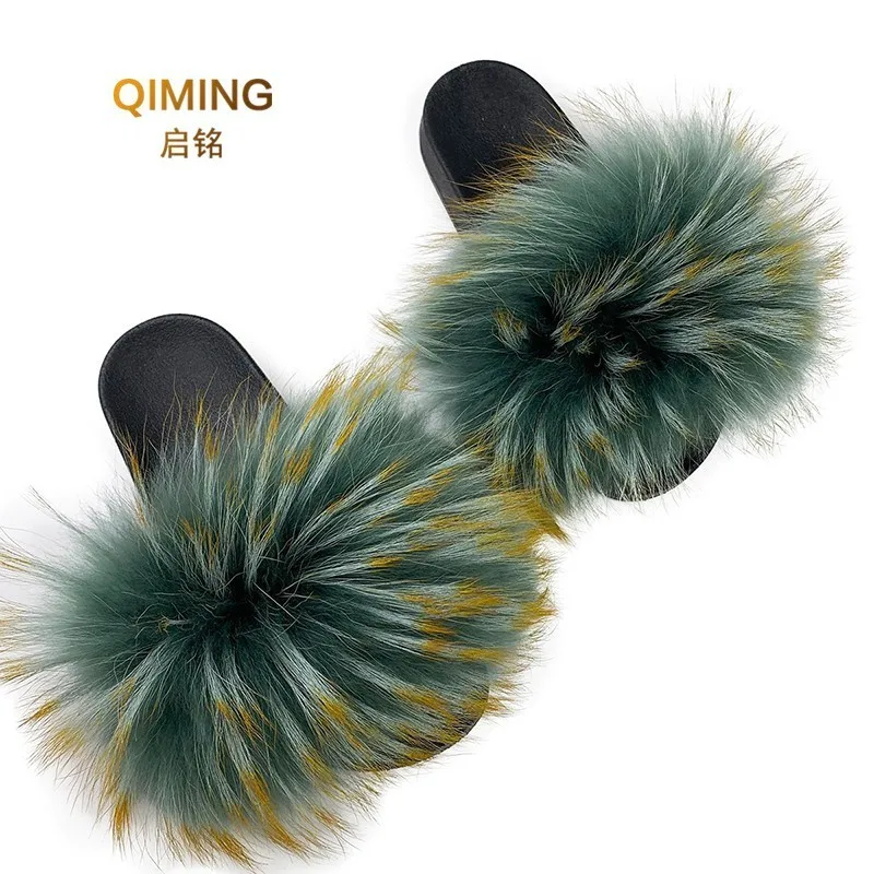 

Womens Luxury Real Raccon Fur Slippers Furry Slides Indoor Outdoor Flat Soles Soft Summer Black Bottom Shoes Woman
