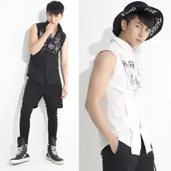 Летняя мода штамп рубашка без рукавов мужской Slim корейской стилист рубашки молодежная одежда kanjian прилив