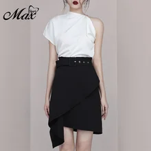 Max Spri 2019 Fashion Style Women Sets White Asymmetric Shoulder Top Black Ruffle Hem Mini Dress With Max Spri 2019 Fashion Style Women Sets White Asymmetric Shoulder Top Black Ruffle Hem Mini Dress With