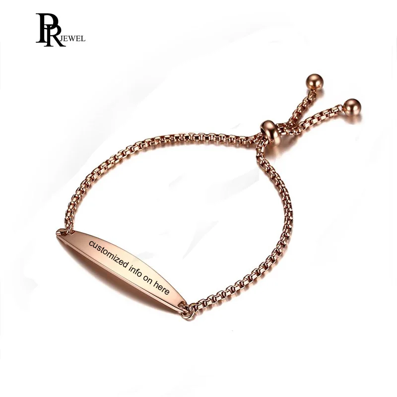 Engraving Stainless Steel ID Name Bracelets Womens Adjustable Bar Rose