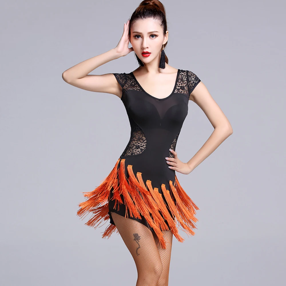 Cheap Latin Dance Dresses For Women Silk&Lace&Tassel 3 Color Skirt