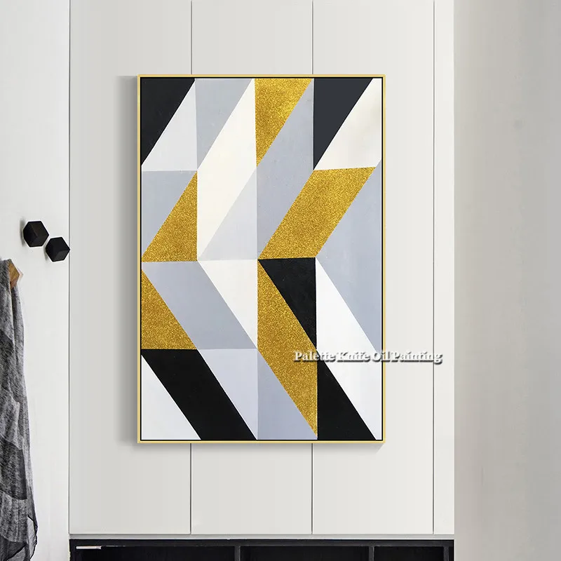 Hand-Painted Abstract Geometric Golden White Oil Painting Wall Art Pictures for Living Room Home Decor Modern Abstract Qudraos