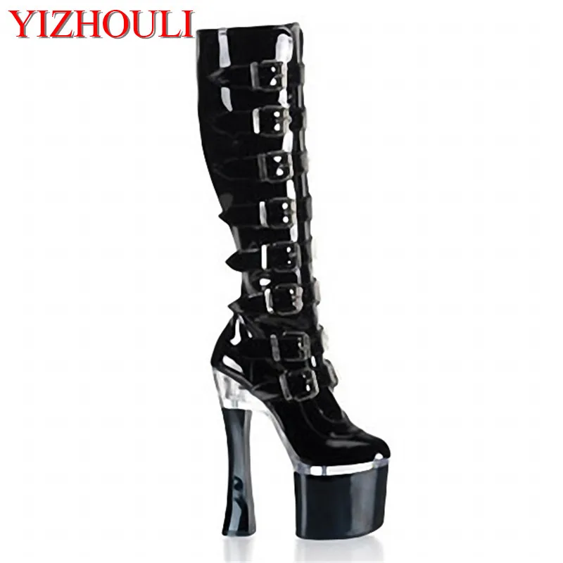 Women's shoes have 18 cm high heels, stage banquet show high boots, sexy zipper openings, buckle trim, boots