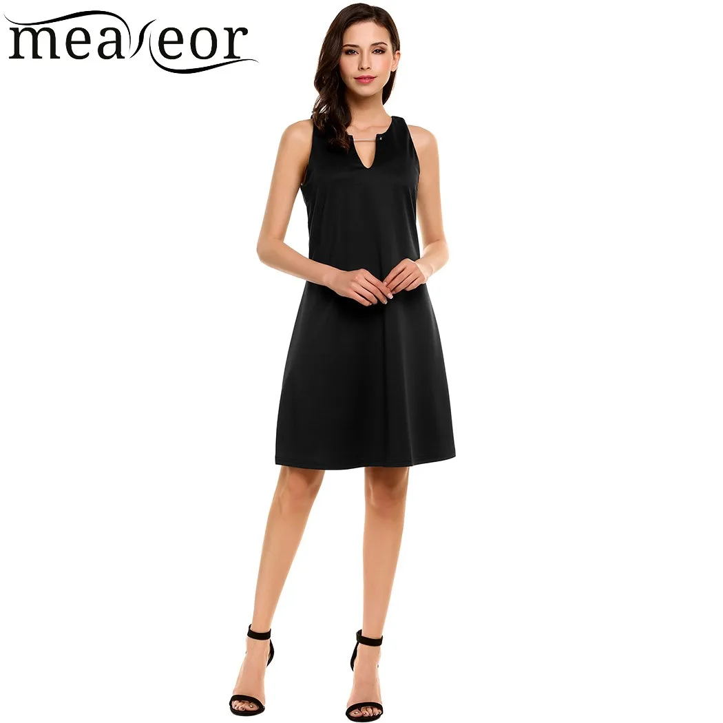 Meaneor Women Dress Summer Autumn Simple Casual V-Neck Sleeveless Solid A-Line Pleated Hem Elatic Tank Dresses Feminino Vestidos Dresses