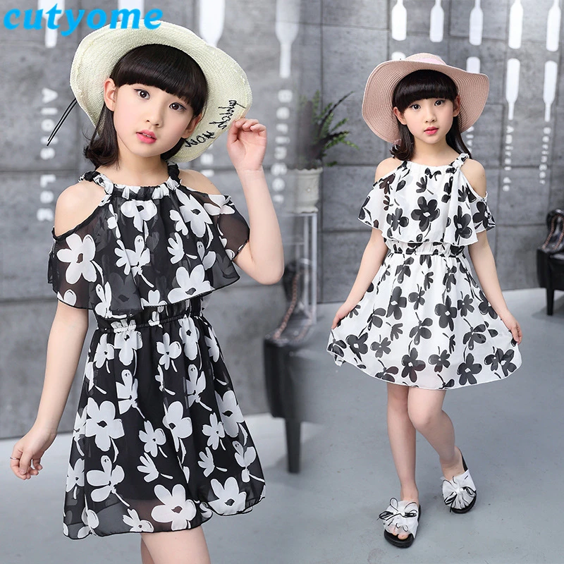 Cutyome Big Girls Shoulder Off Beach Dresses 10 13 14 16 Years Summer Kids Sleeveless Floral Printed Holidays Dress Teen Clothes