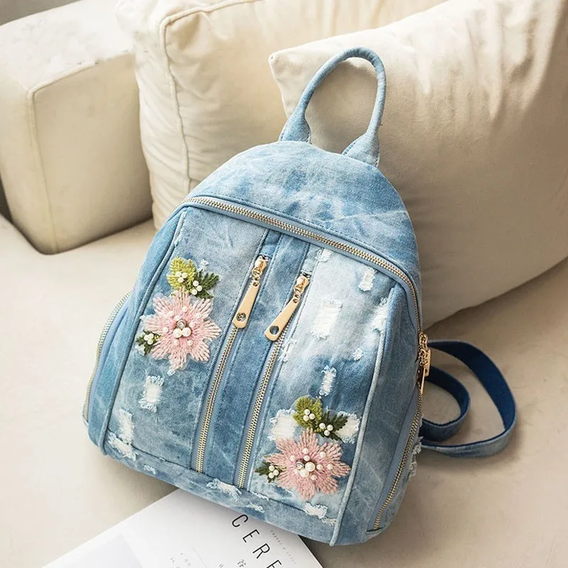 Moda 2019! mochilas para mujer, para niñas, con flores bordadas, bolsas de tela vaquera, bolsa de viaje para adolescentes, mochila femenina|Mochilas| -