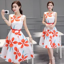 2016 New Summer Fashion Women’s Clothing Sleeveless Round Collar Long Dress A-line Floral Printing Sashes Dresses Female
