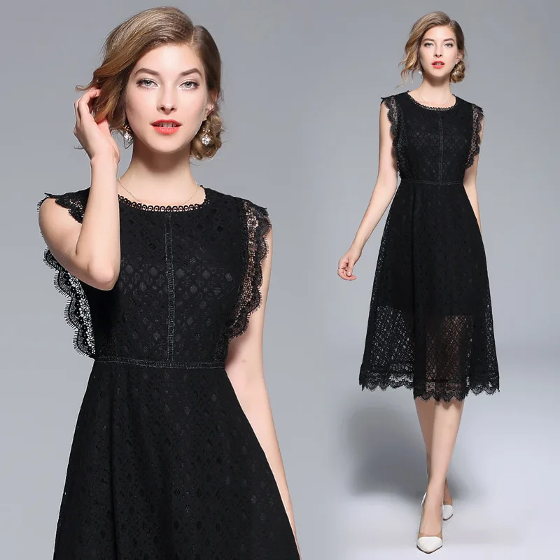 

ZY Simple Black Lace Tank High Summer Hollow Out Solid Knee Length Waist Sexy Formal Zipper Dress