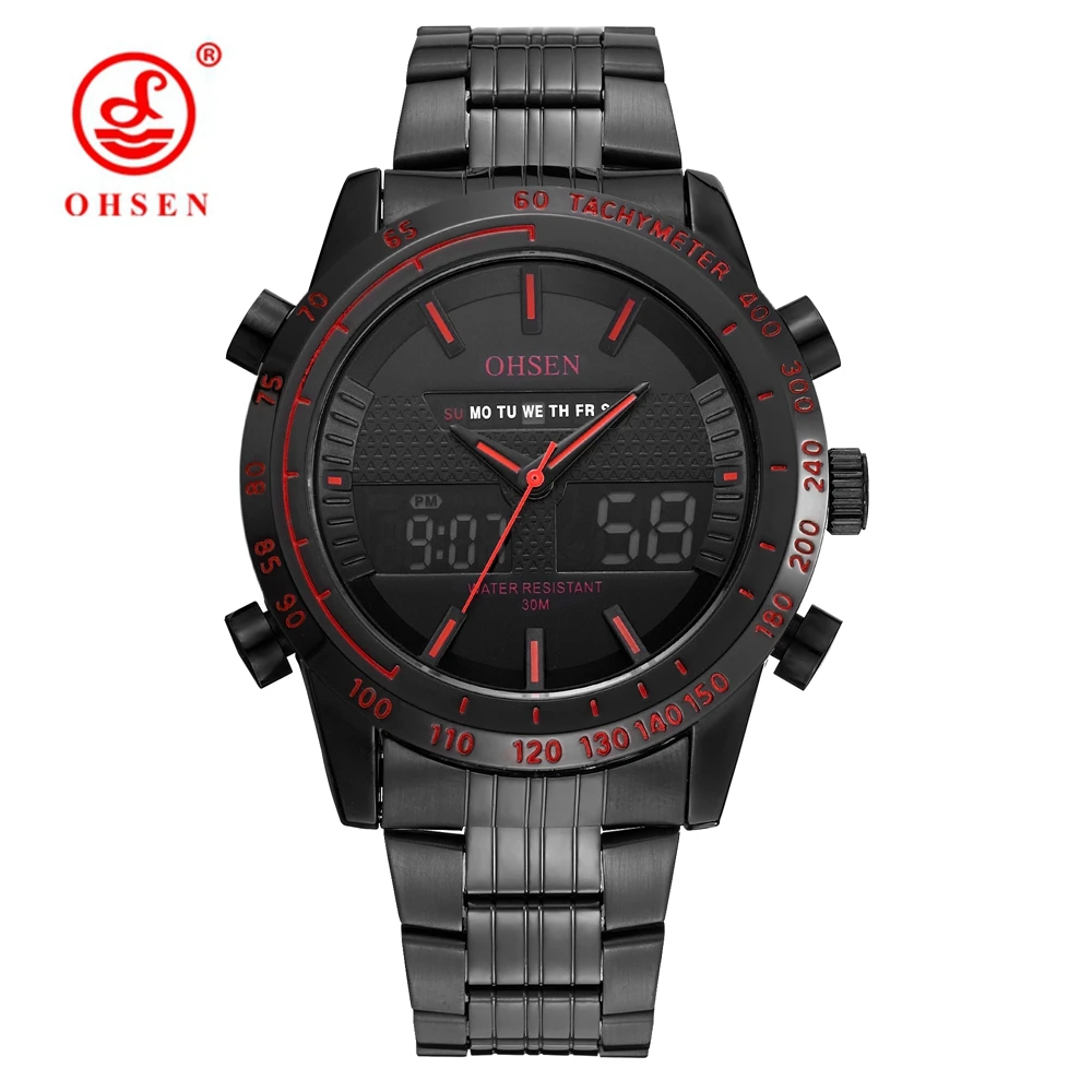 OHSEN Dual time кварцевые мужские часы многофункциональные черные водонепроницаемые