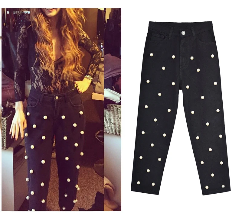 European and American women's high waist straight tube loose-fitting wide-leg jeans denim cuffed trousers studded with large pearl women's eighties (7)