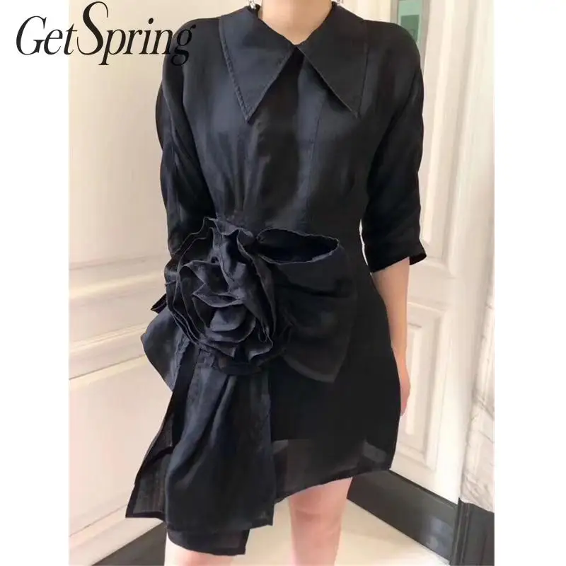 

GetSpring Women Dress Seven Sleeves 3D Rose Mini Dress Irregular Vintage Dress Temperament Black Party Dresses Autumn 2019 New