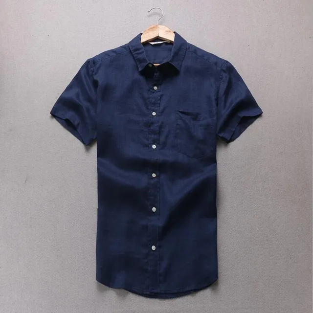 Navy blue linen shirt mens short sleeve Clearance
