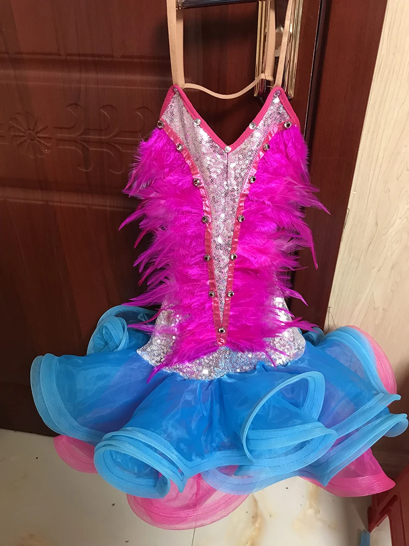 Ребенок Профессиональный Латинской платье для танцев для сцены конкурс бальных танцевальное платье для девочек латинская юбка для танцев