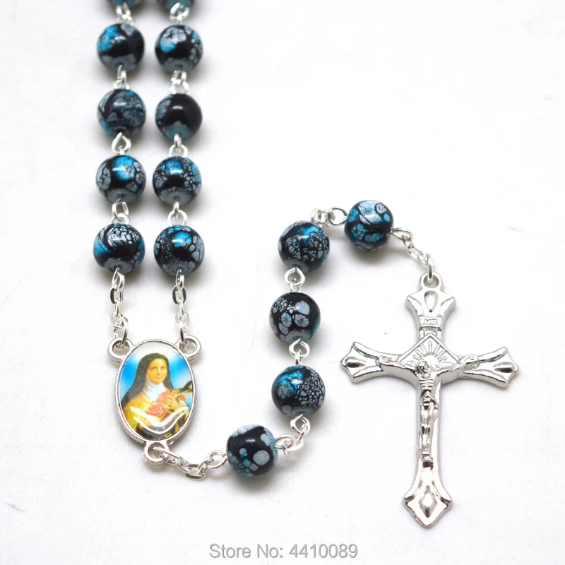 Модный стеклянный бисер St Rita четки ожерелья черный синий цветок круглые бусины