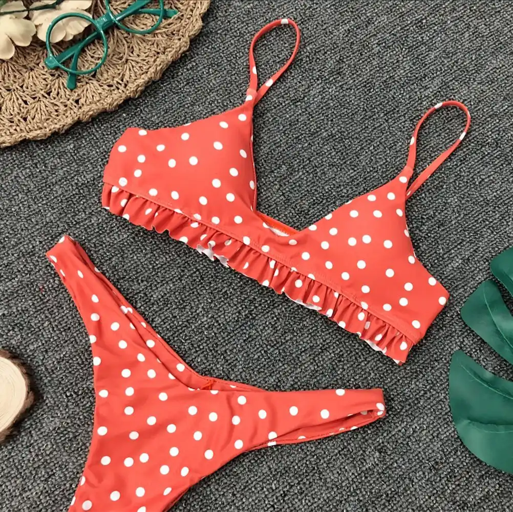 Woman Swimsuits Polka Dot Bikini Swimsuit Push Up Ruffle Biquini ...