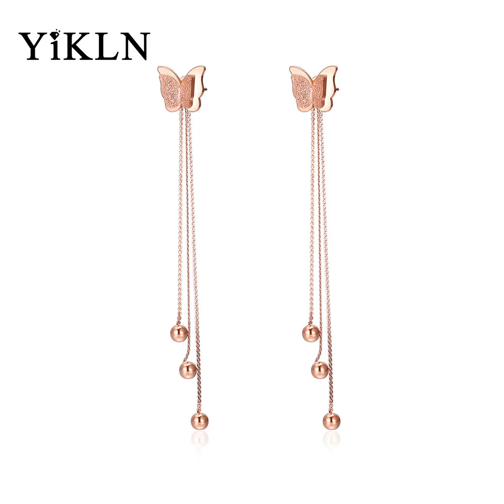 

YiKLN Fashion Lady Rose Gold Color Stainless Steel Earrings Butterflies Long Lines Jewelry Earrings For Women Girl Gift YOGE486