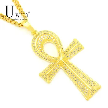 

UWIN Iced Out Zircon Ankh Key Pendant Golden Jewelry CZ Cross Egyptian Key of Life Pendant Hip hop Necklace For Men Women