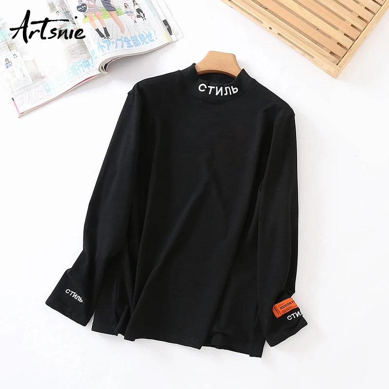 

Artsnie Streetwear Black Letter Embroidery Women t shirt Spring 2019 Turtleneck Knitted Tees Top Long Sleeve Casual t-shirt