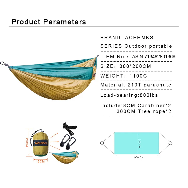 Acehmks двойной гамак Сверхлегкий парашют кресло-гамак с дерева веревки для Открытый лагерь Пеший Туризм Путешествие Anti-UV 300 см * 200 см