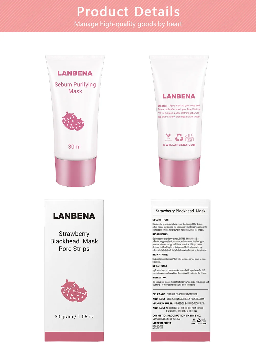 LANBENA Blackhead Remover Nose Mask Strawberry Pore Strip Black Mask Peeling Acne Treatment Oil Control Mask Skin Care TSLM1