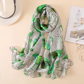 

2018 New Fashion Green Leaves Lotus Floral Silk Shawl Scarf Women Spain Luxury Brand Print Soft Bandana Foulard Hijab Snood Caps
