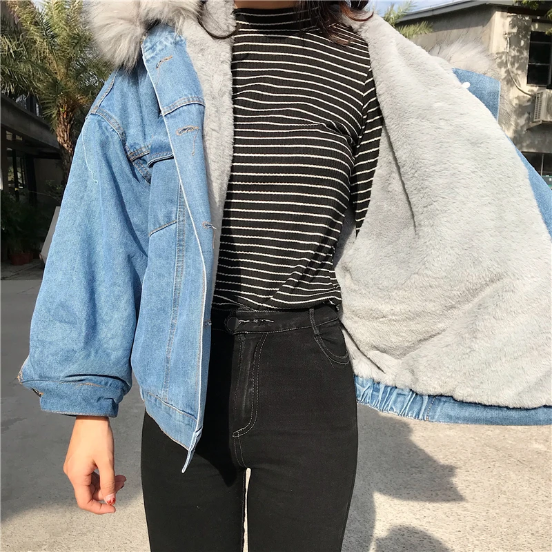 souris Denim Fausse Laine Vestes Chaud D'hiver Collar Collar Surdimensionné white Gray Fourrure Junelove Veste Chauve Manteau Grande Hoodies Jaqueta Femmes Fur Collar Jeans pink Manches Doublure vqEwA7z