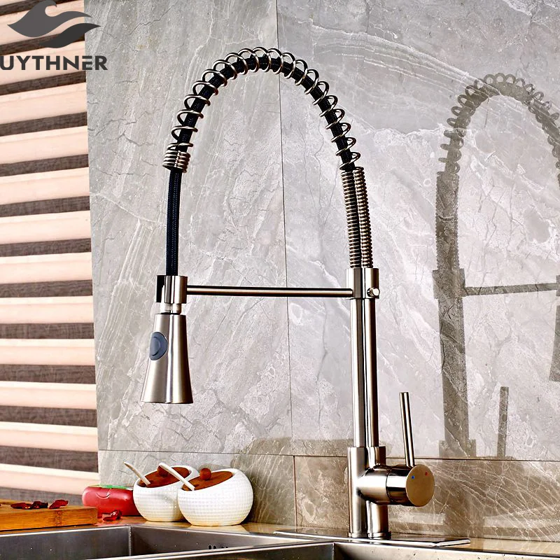 

Uythner Brushed Nickle Horn Shape Hand Spray Kitchen Faucet Mixer Tap With Square Plate Deck Mounted