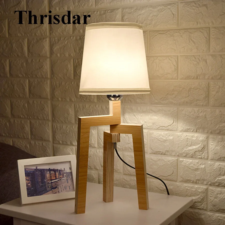 

Thrisdar DIY Nordic Wooden Table Lamp With E27 Bulb Creative Linen Cloth Bedroom Bedside Desk Light Hotel Restuarant Table Lamps