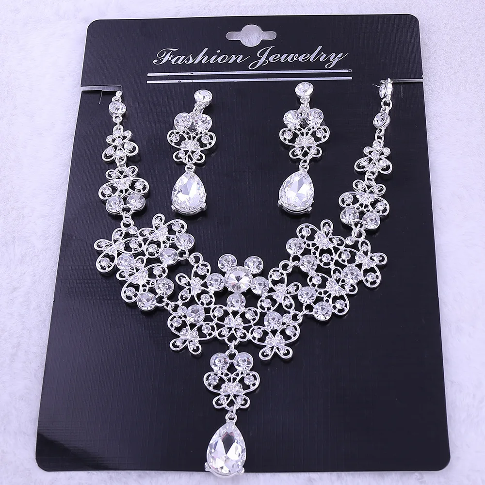 Кристальный свадебный ювелирный набор, серебряный Модный свадебный ювелирный набор, тиара, ожерелье, серьги для невесты украшения для волос, аксессуары
