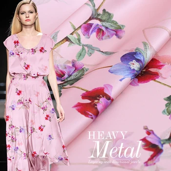 

New 19mm heavy elastic satin digital inkjet silk fabric pink summer cheongsam dress shirt fabric haute couture fabric