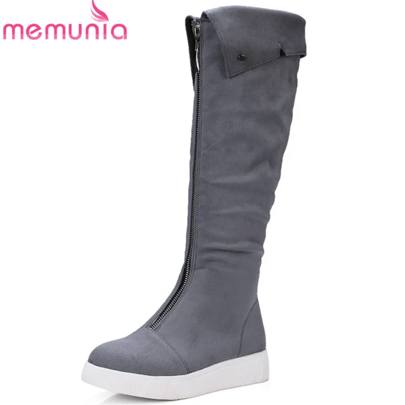 

MEMUNIA 2020 new arrival knee high boots women round toe autumn winter boots fashion zipper flock flat shoes woman black
