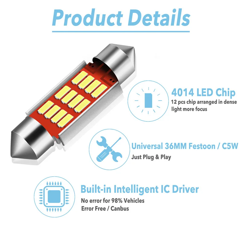 4 шт. светодиодный фонарь C5W 36 мм 12SMD купольный светильник для салона автомобиля ing