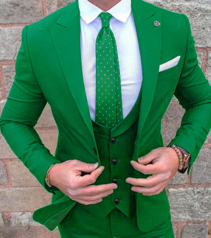 

New Light green Wedding Suits For Men Peak Collar Slim Fit (Jacket +Vest+Pants) Custom Made Wedding Groom Prom Tuxedos Suits