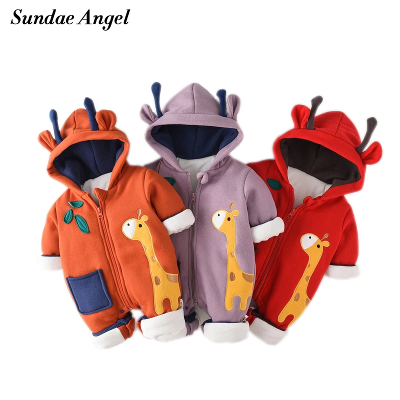

Sundae Angel Winter jumpsuit For Girls Boy Velvet Thicken Embroidery Giraffe Pattern Cotton Rompers For Baby Nerborn Clothes