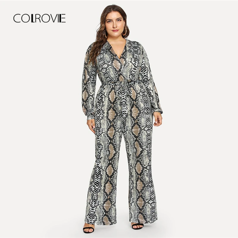 

COLROVIE Plus Size Self Tie Snake Print Casual Jumpsuit Women Clothing 2018 Winter Long Sleeve Office Ladies Belted Jumpsuits
