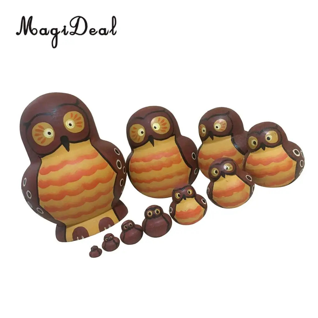 10Pcs Cute Cartoon Brown Owl Handmade Wooden Russian Nesting Dolls Matryoshka Dolls for Children Kids Toys Gift Home Decor