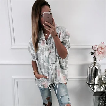 

Spring Autumn Fashion Floral Print Hooded Two Tone Windbreaker Jacket Zipper Pockets Casual Long Sleeves Feminino Coats Outwear