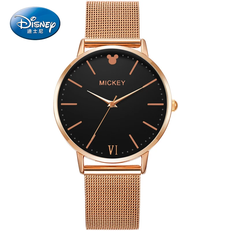 Disney Watch Mickey New Female Women Silver Rose Gold Tone Mesh Stainless Steel Quartz Analog Waterproof Fashion Watch MK-11166