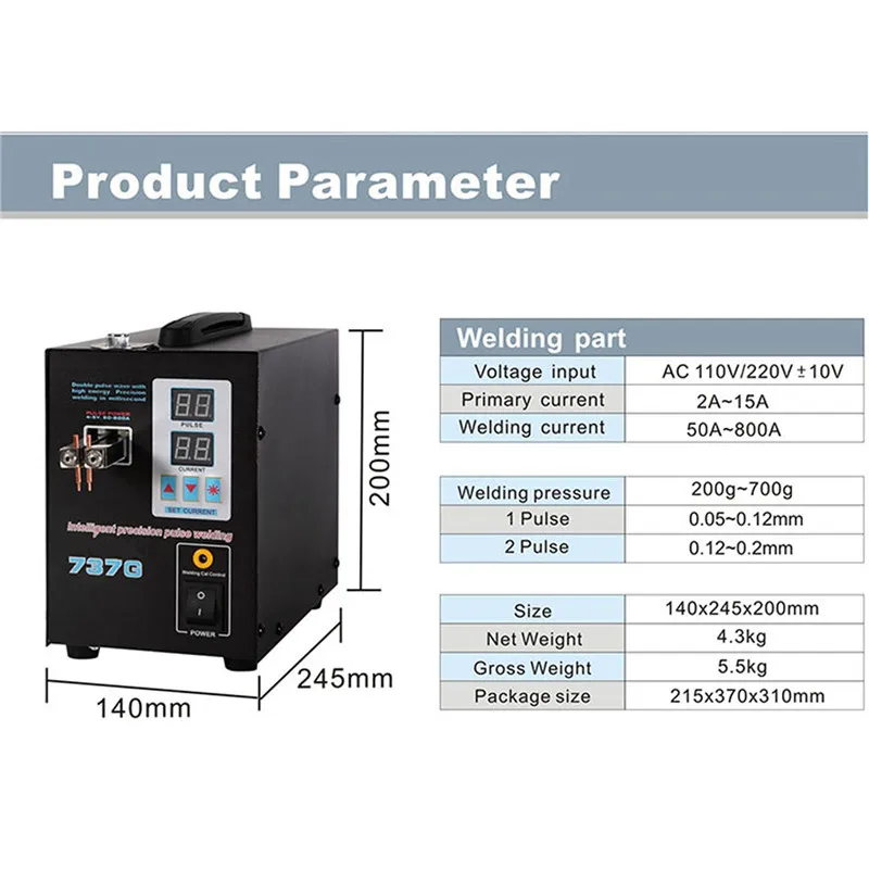 Новый 737 г 220 В батарея точечной сварки ручной сварочный аппарат с импульсом и Текущий Дисплей сварочный ток 50A-800A