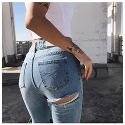 Для женщин Повседневное длинные джинсы Высокая талия тощий карандаш синие джинсы Рваные брюки стиля гранж Обрезанные Тощий Slim Fit