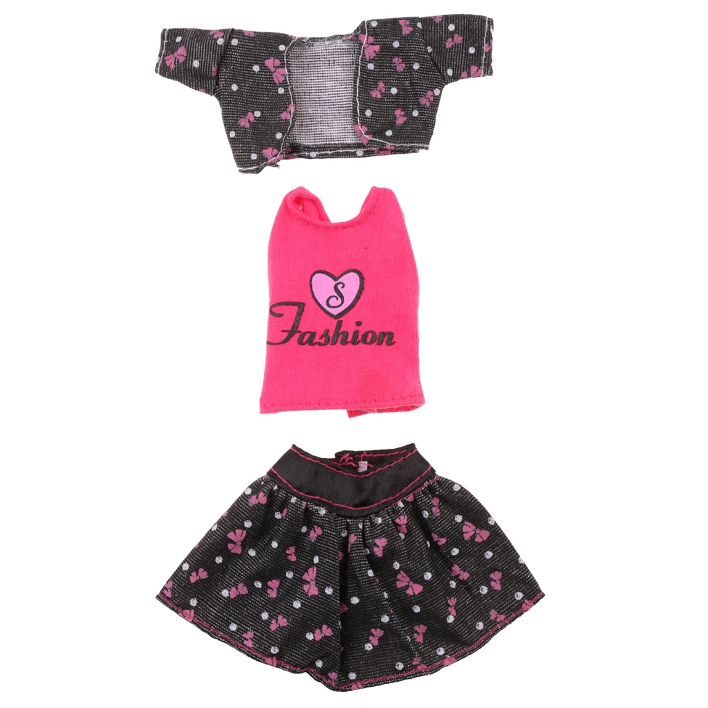 3 Pcs Doll Clothes Sweet Heart Polka Dot Printed Short Dress Coat Clothes Vest Clothes Outfit Short Dress Suit for 28-30cm  Doll