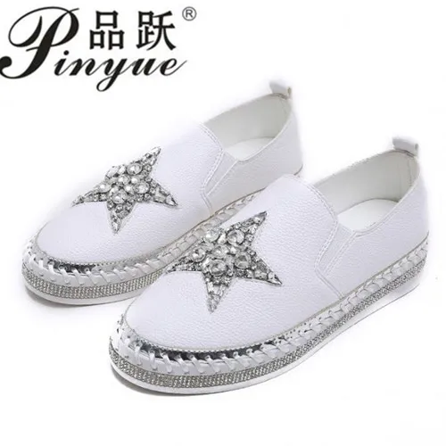 

rhinestone star leather espadrilles leather canvas shoes women creepers slip on women loafers glitter crystal star white shoes