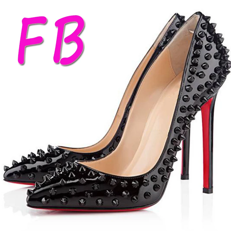 

Studded Spike Rivets High Heels Woman Pointed Shallow Mouth Nude High Heels Pointed Pumps Patent Leather Large Size Big EU42