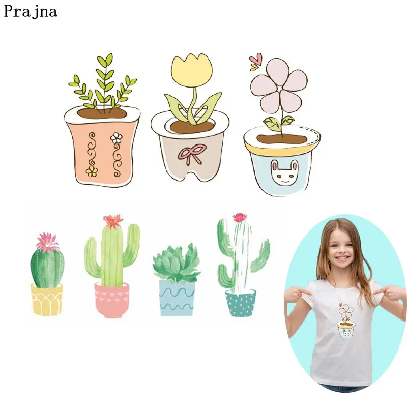 

Prajna Flower Iron On Transfers Cactus Plants Heat Transfer Cartoon Patches Hot Vinyl Press Badges For Clothing DIY Appliques